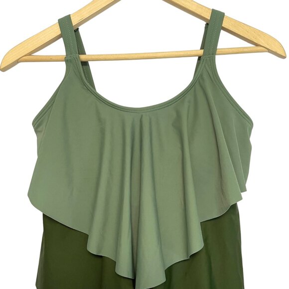 BLOOMCHIC 1 Piece Layered Swimsuit Womens Size 10 Black Green Beach Vacation - Picture 2 of 10